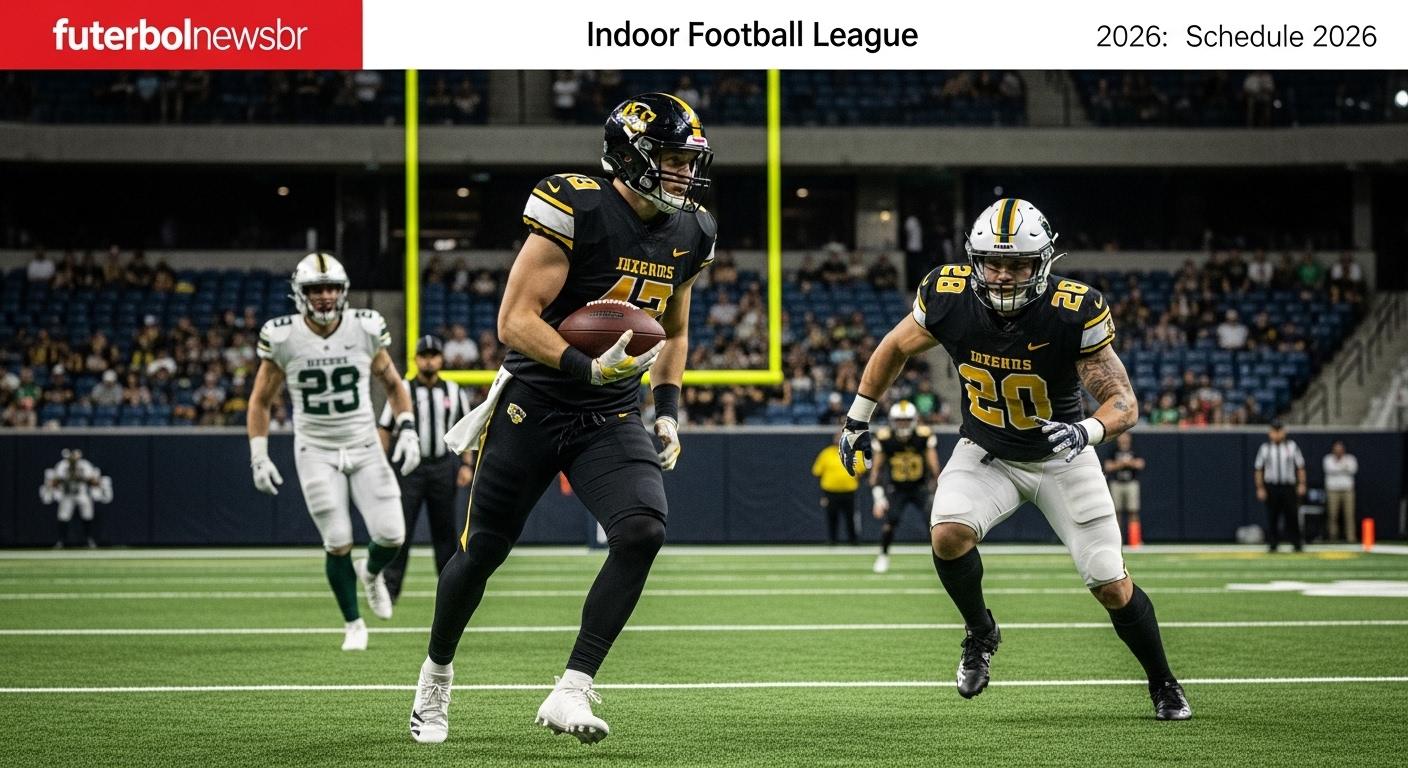 Illustration of a Brazilian viewer watching the Indoor Football League schedule 2026 on a streaming device inside an ind