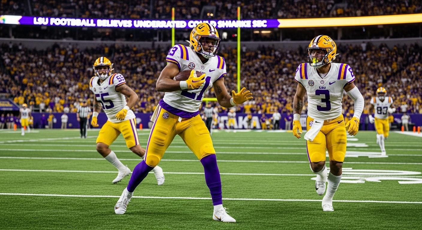 Graphic showing LSU logo and transfer portal concept reflecting underrated transfers.