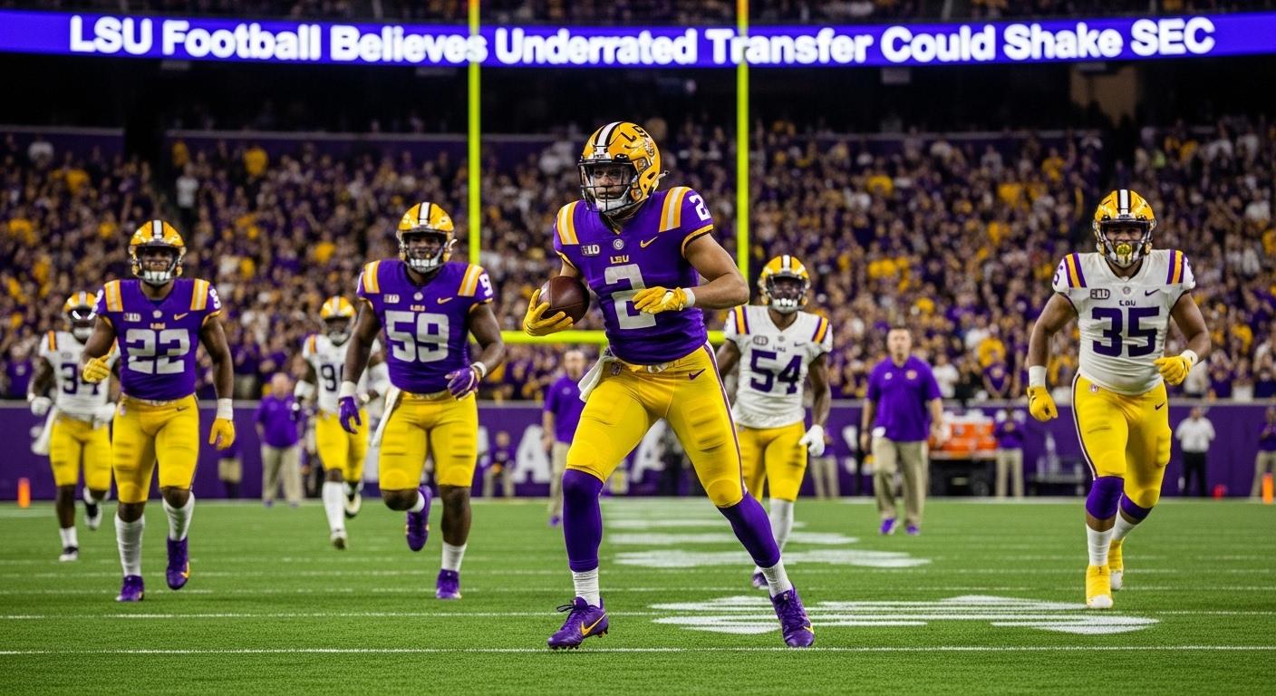 Graphic showing LSU logo and transfer portal concept reflecting underrated transfers.