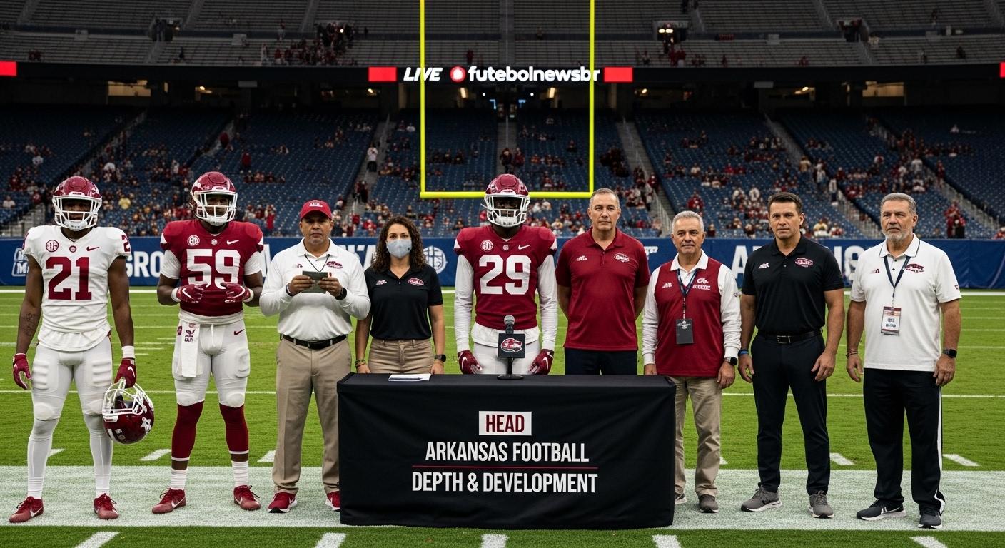 News analysts reviewing Arkansas football press conference insights and depth charts.