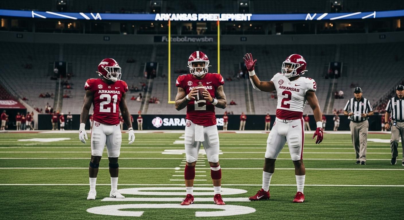 News analysts reviewing Arkansas football press conference insights and depth charts.