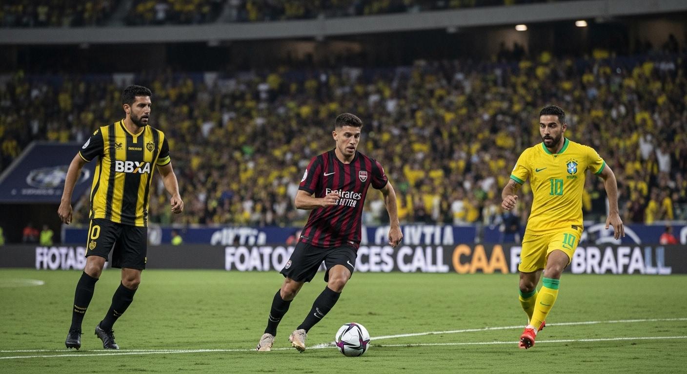 Brazilian football analyst reviewing cross-border data on Football Places CAA Fall in a newsroom