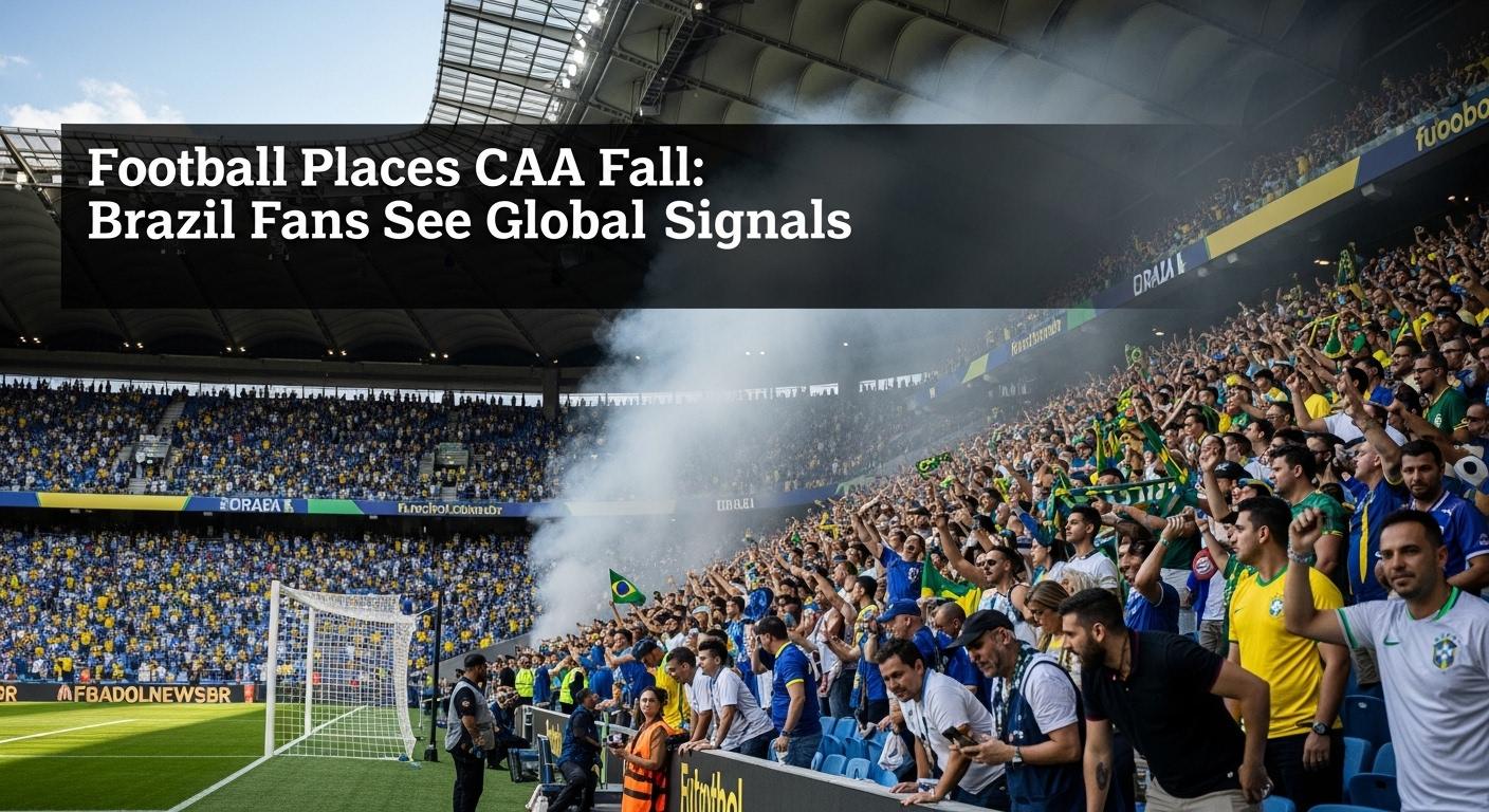 Brazilian football fan reviewing football honors and global rankings in a stadium setting.