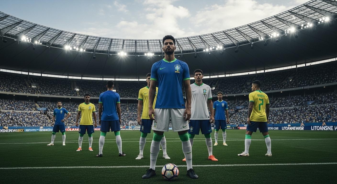 Editorial shot of a classic Brazilian national team jersey in yellow with green trim, held by fans in a stadium.