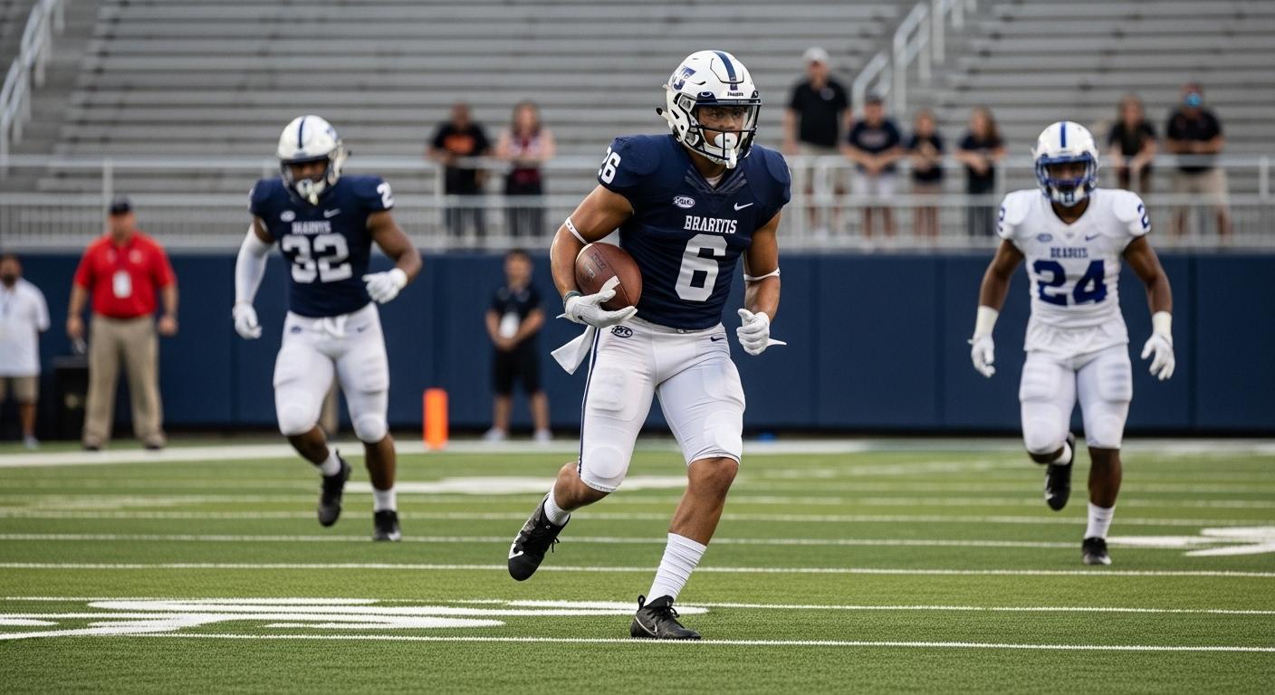 Brazilian offensive tackle recruit training on a field, college recruitment context