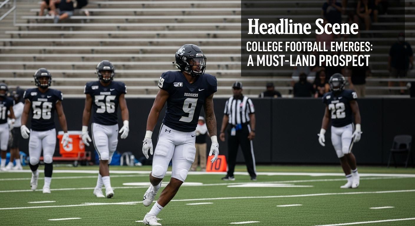 Illustration of a college football recruit on a illuminated field with Brazilian flag colors and scouting graphics.